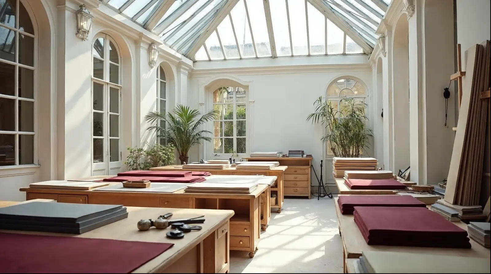 L’atelier parisien sous sa verrière, établis en chêne, papiers et toiles bordeaux